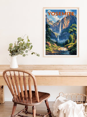 Affiche de Yosemite, impression de Sentinel Falls, art de Yosemite, impression de Yosemite, affiche de voyage de Yosemite, affiche de Sentinel Falls, art mural de Californie