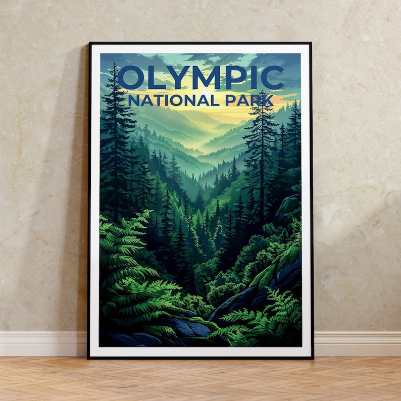 Affiche du parc national olympique, impression de Washington, art de Washington, impression olympique, affiche de voyage olympique, affiche de forêt