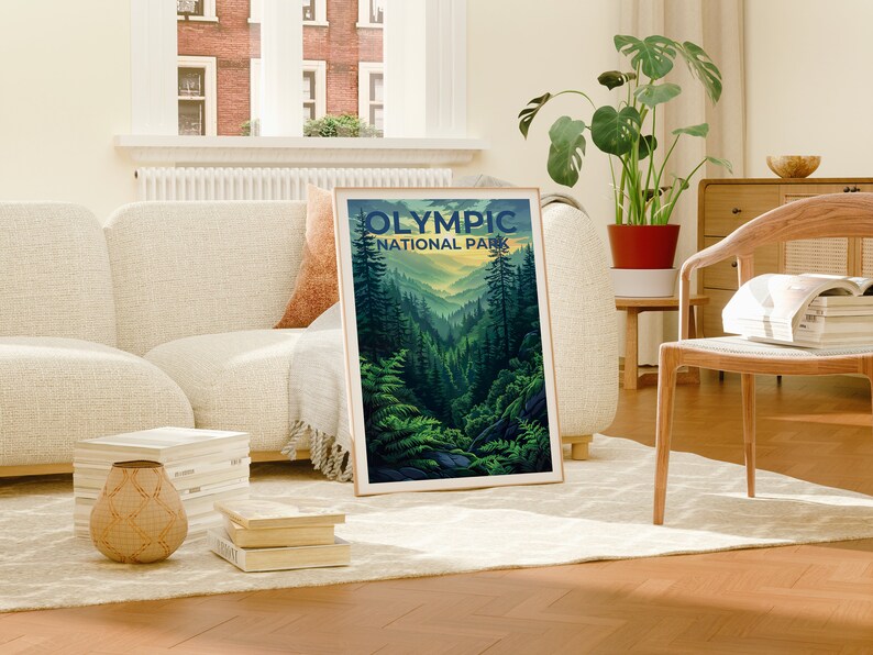 Affiche du parc national olympique, impression de Washington, art de Washington, impression olympique, affiche de voyage olympique, affiche de forêt