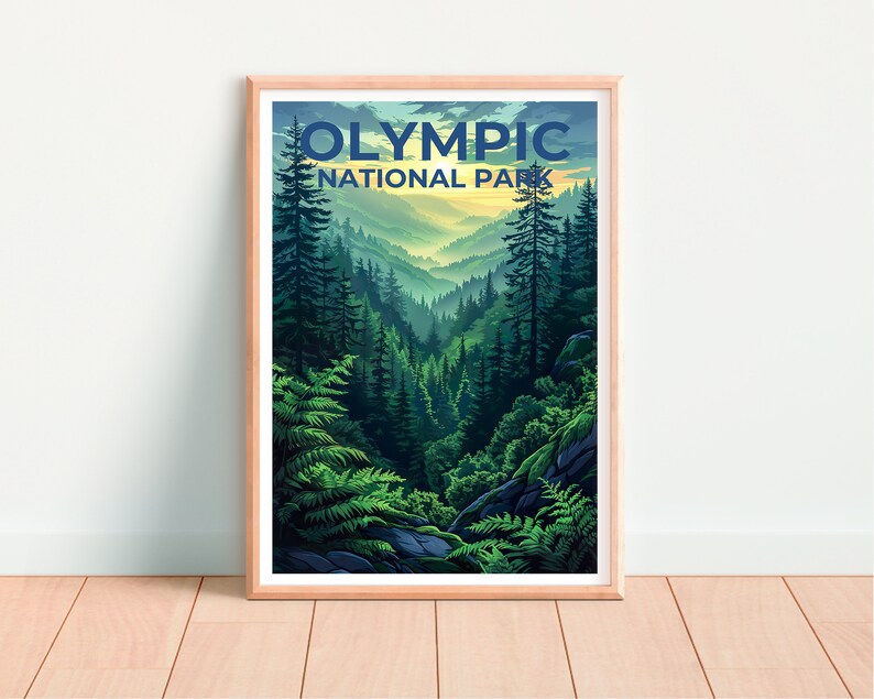 Affiche du parc national olympique, impression de Washington, art de Washington, impression olympique, affiche de voyage olympique, affiche de forêt