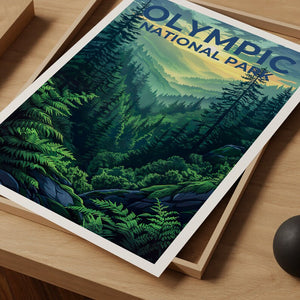 Affiche du parc national olympique, impression de Washington, art de Washington, impression olympique, affiche de voyage olympique, affiche de forêt