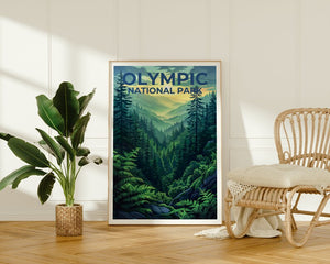 Affiche du parc national olympique, impression de Washington, art de Washington, impression olympique, affiche de voyage olympique, affiche de forêt