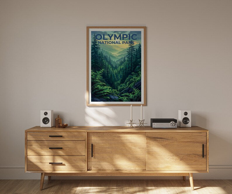 Affiche du parc national olympique, impression de Washington, art de Washington, impression olympique, affiche de voyage olympique, affiche de forêt