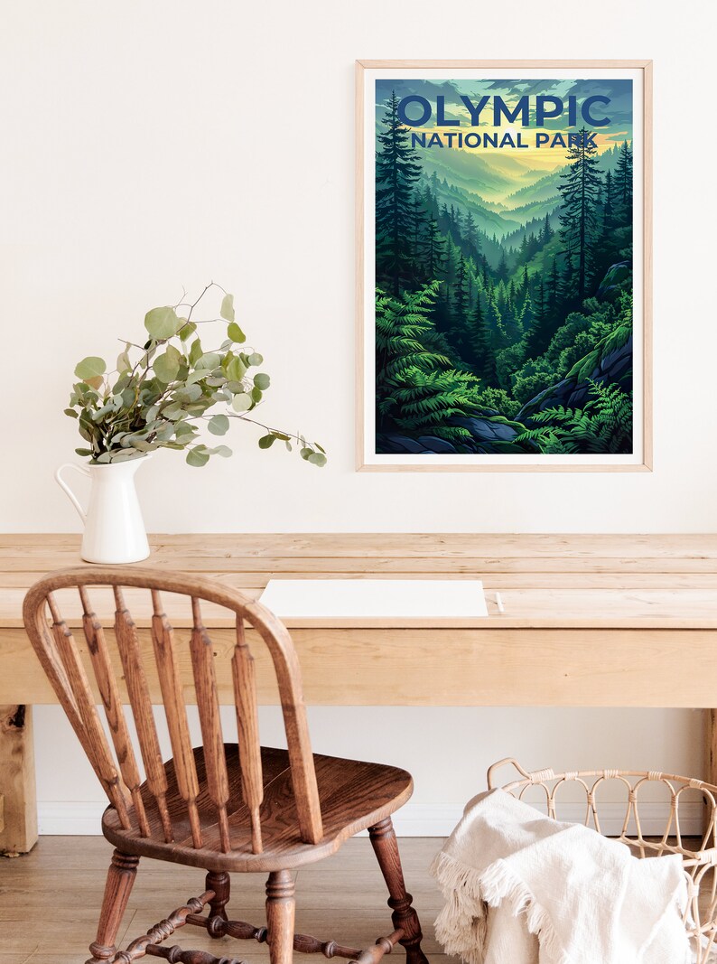 Affiche du parc national olympique, impression de Washington, art de Washington, impression olympique, affiche de voyage olympique, affiche de forêt
