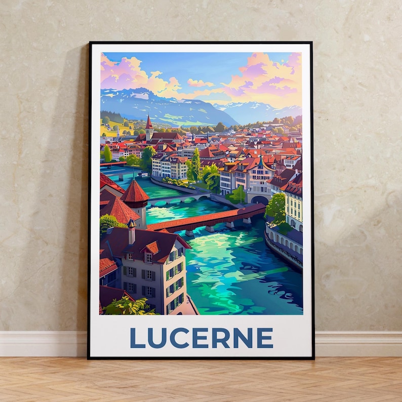 Lucerne Travel Poster, Switzerland Print, Europe Poster, Alps Illustration, Landscape Poster, Scenic Wall Art, Home Decor, Birthday Gift