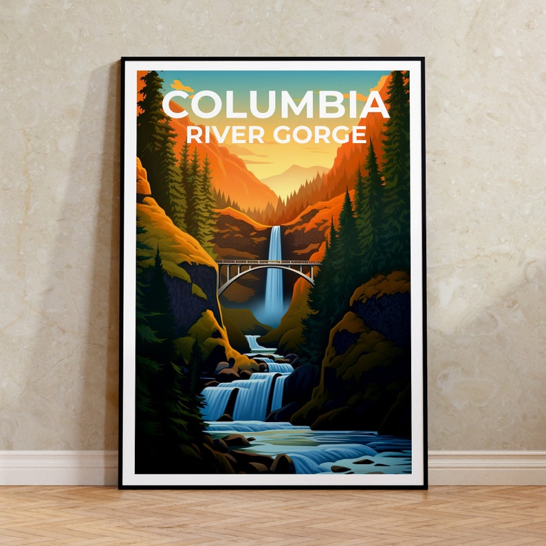Affiche de voyage sur les gorges du fleuve Columbia, art mural de Washington, impression de l'Oregon, affiche des chutes de Multnomah, impression des chutes de Multnomah