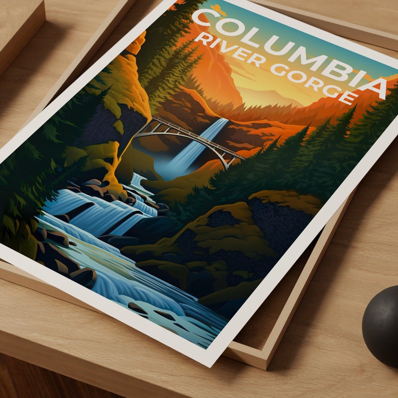 Affiche de voyage sur les gorges du fleuve Columbia, art mural de Washington, impression de l'Oregon, affiche des chutes de Multnomah, impression des chutes de Multnomah