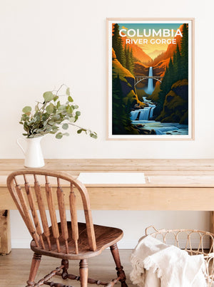 Affiche de voyage sur les gorges du fleuve Columbia, art mural de Washington, impression de l'Oregon, affiche des chutes de Multnomah, impression des chutes de Multnomah