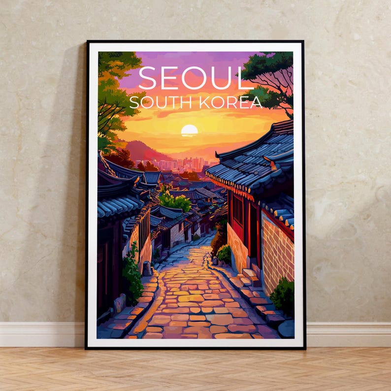 Seoul Poster, South Korea Travel Print, Asia Art, Bukchon Hanok Village Illustration, Landscape Poster, Home Decor, Birthday Gift