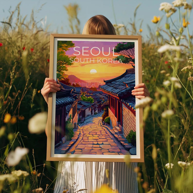 Seoul Poster, South Korea Travel Print, Asia Art, Bukchon Hanok Village Illustration, Landscape Poster, Home Decor, Birthday Gift