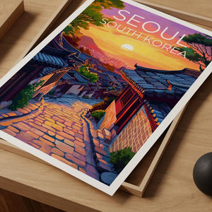 Seoul Poster, South Korea Travel Print, Asia Art, Bukchon Hanok Village Illustration, Landscape Poster, Home Decor, Birthday Gift