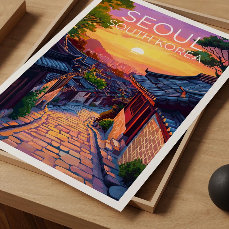 Seoul Poster, South Korea Travel Print, Asia Art, Bukchon Hanok Village Illustration, Landscape Poster, Home Decor, Birthday Gift
