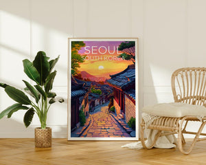 Seoul Poster, South Korea Travel Print, Asia Art, Bukchon Hanok Village Illustration, Landscape Poster, Home Decor, Birthday Gift