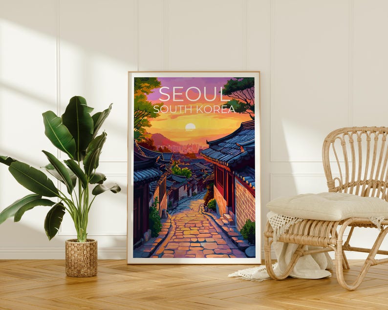 Seoul Poster, South Korea Travel Print, Asia Art, Bukchon Hanok Village Illustration, Landscape Poster, Home Decor, Birthday Gift