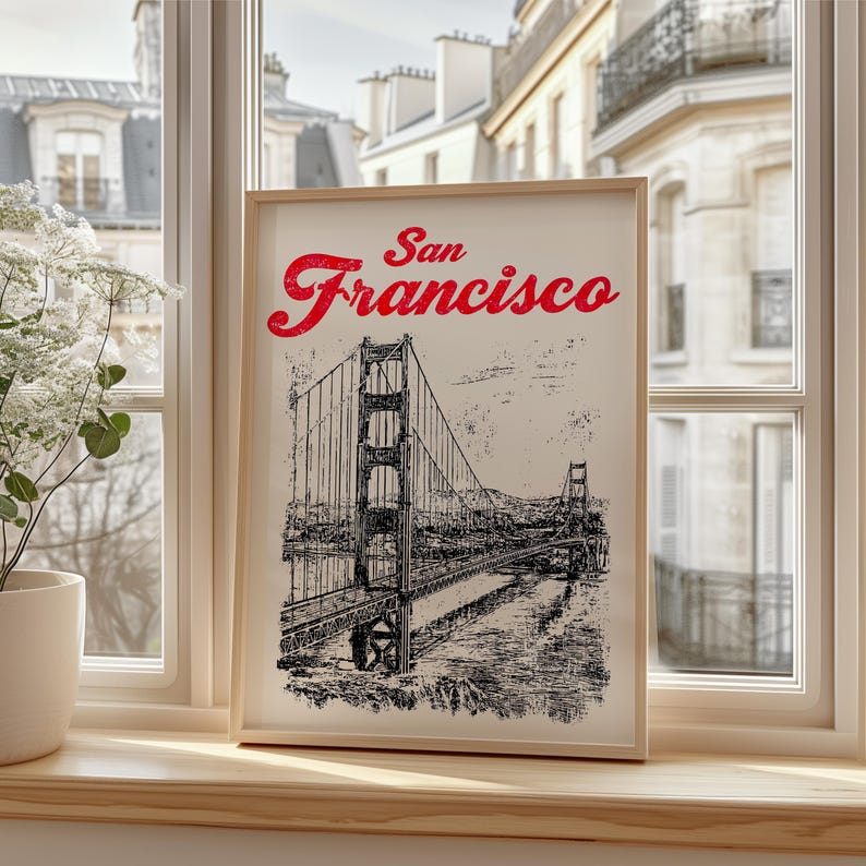 San Francisco Poster, California Travel Print, Golden Gate Bridge Art, West Coast Illustration, Scenic Wall Art, Home Decor, Birthday Gift