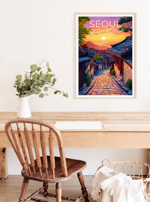Seoul Poster, South Korea Travel Print, Asia Art, Bukchon Hanok Village Illustration, Landscape Poster, Home Decor, Birthday Gift