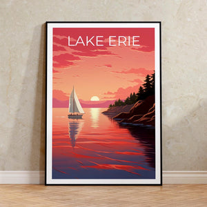 Lake Erie Travel Print, Michigan Poster, Great Lakes Wall Art, Coast Illustration, Lake Erie Poster, Home Decor, Birthday Gift