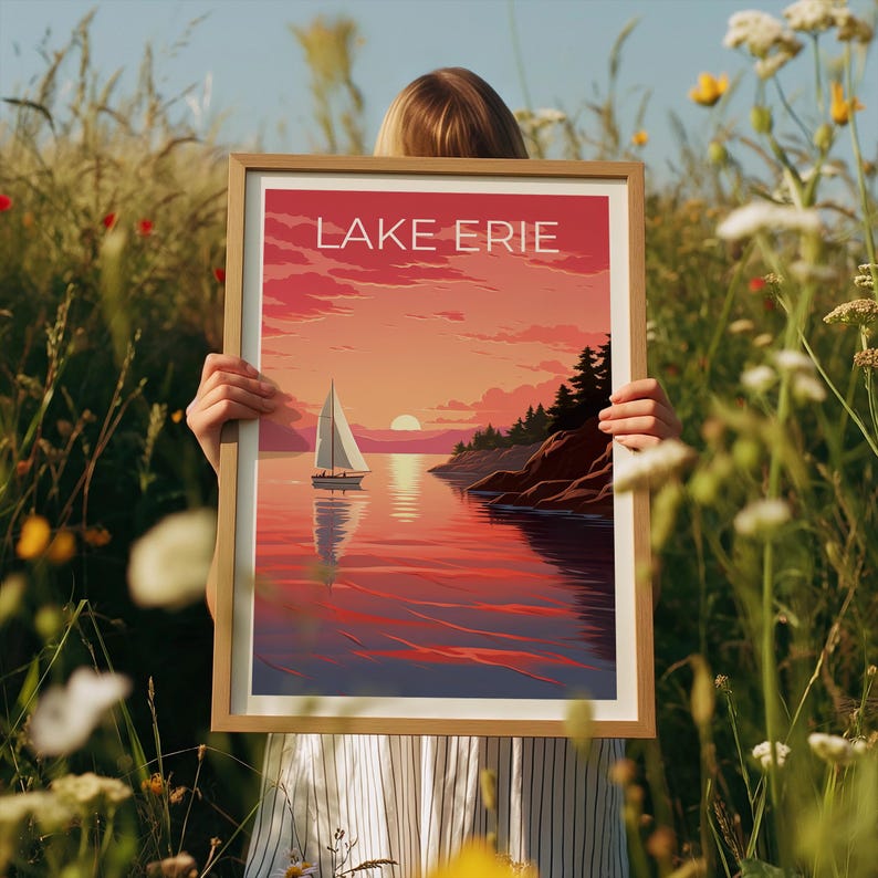 Lake Erie Travel Print, Michigan Poster, Great Lakes Wall Art, Coast Illustration, Lake Erie Poster, Home Decor, Birthday Gift