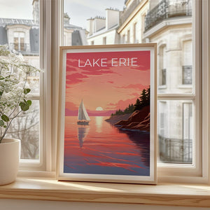 Lake Erie Travel Print, Michigan Poster, Great Lakes Wall Art, Coast Illustration, Lake Erie Poster, Home Decor, Birthday Gift