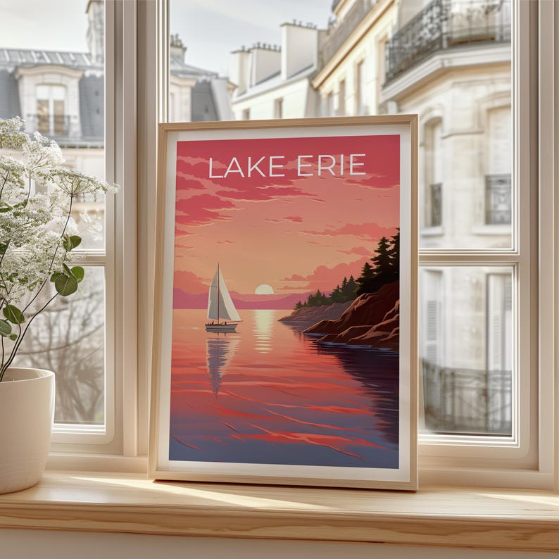 Lake Erie Travel Print, Michigan Poster, Great Lakes Wall Art, Coast Illustration, Lake Erie Poster, Home Decor, Birthday Gift
