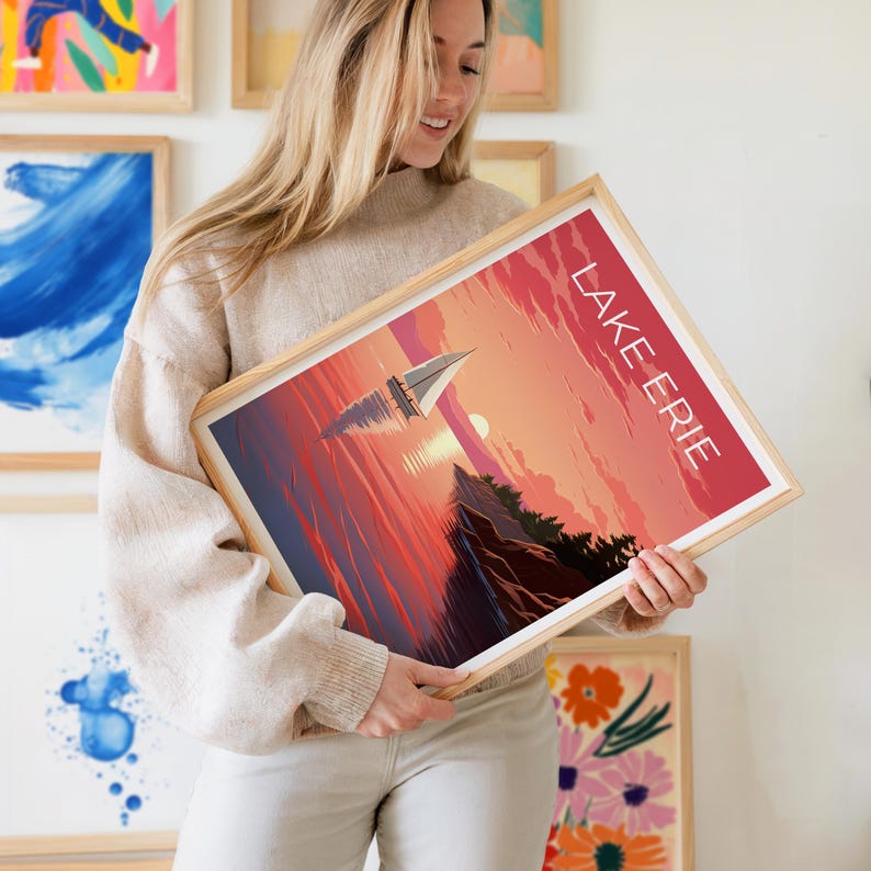 Lake Erie Travel Print, Michigan Poster, Great Lakes Wall Art, Coast Illustration, Lake Erie Poster, Home Decor, Birthday Gift