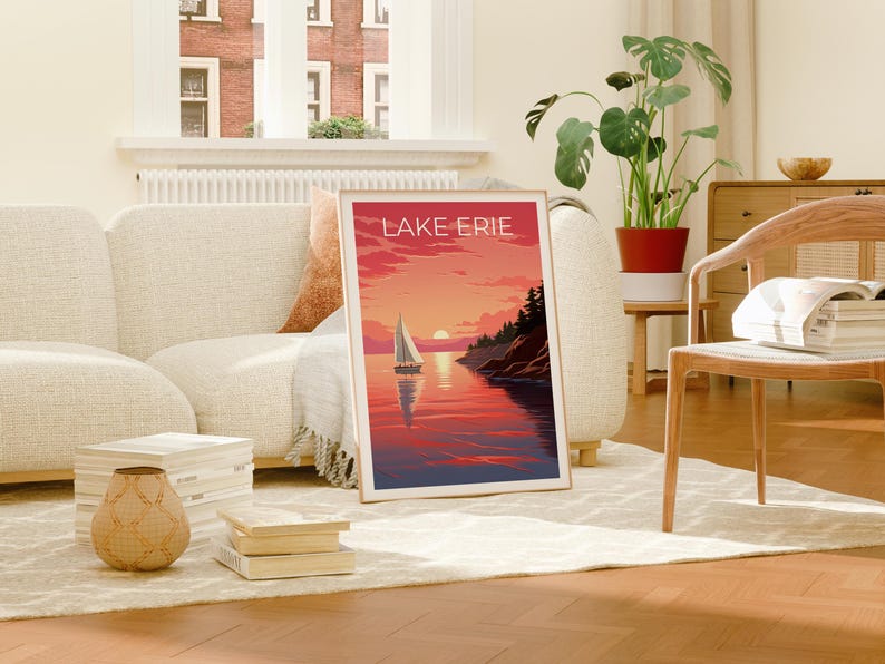 Lake Erie Travel Print, Michigan Poster, Great Lakes Wall Art, Coast Illustration, Lake Erie Poster, Home Decor, Birthday Gift