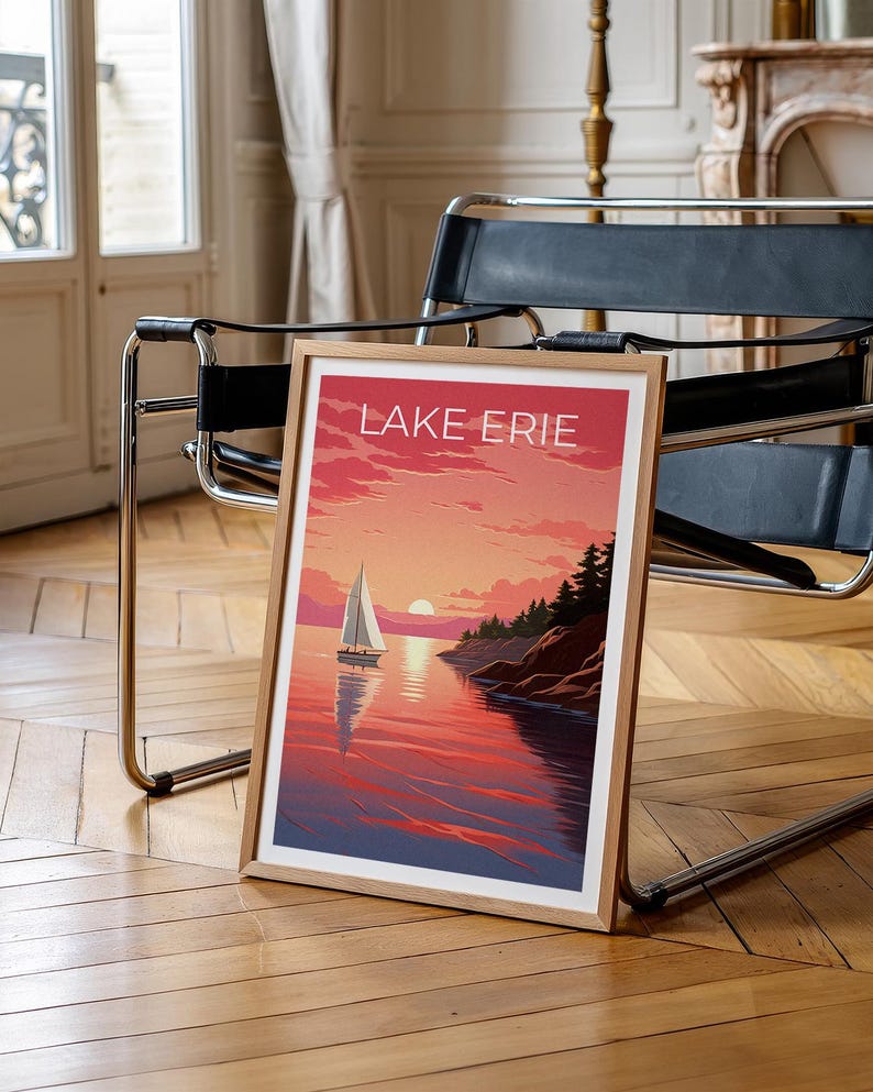 Lake Erie Travel Print, Michigan Poster, Great Lakes Wall Art, Coast Illustration, Lake Erie Poster, Home Decor, Birthday Gift