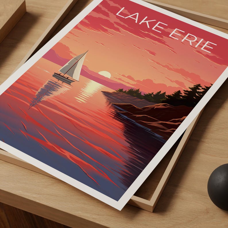Lake Erie Travel Print, Michigan Poster, Great Lakes Wall Art, Coast Illustration, Lake Erie Poster, Home Decor, Birthday Gift