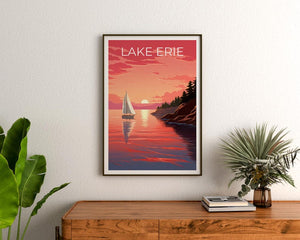 Lake Erie Travel Print, Michigan Poster, Great Lakes Wall Art, Coast Illustration, Lake Erie Poster, Home Decor, Birthday Gift