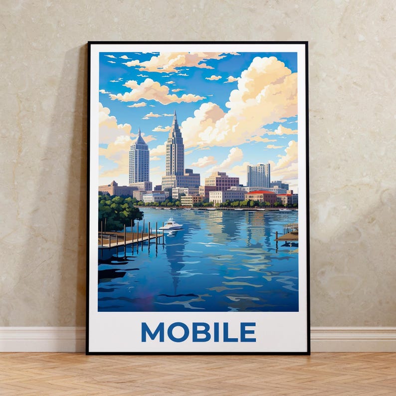 Mobile Poster, Alabama Travel Print, City Skyline Art, United States Illustration, Mobile Print, Scenic Wall Art, Home Decor, Birthday Gift