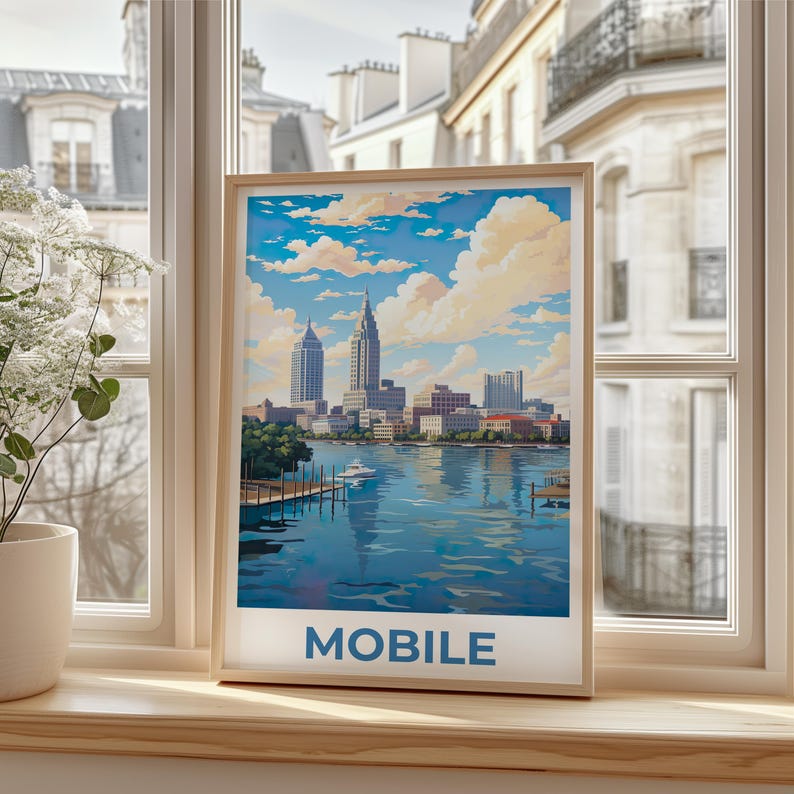 Mobile Poster, Alabama Travel Print, City Skyline Art, United States Illustration, Mobile Print, Scenic Wall Art, Home Decor, Birthday Gift