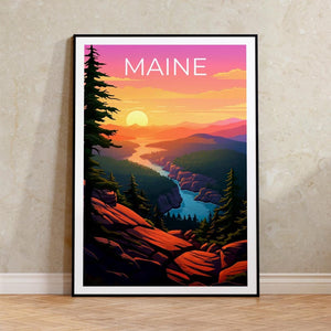 Maine Travel Print Acadia National Park Poster Cliff Wall Art Forest Illustration Maine Poster Home Decor Birthday Gift