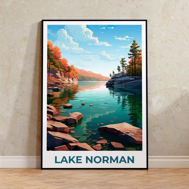 Lake Norman Travel Print, North Carolina Poster, Forest Wall Art, Mountain Illustration, Lake Norman Poster, Home Decor, Birthday Gift