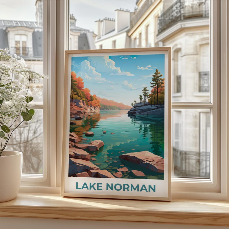 Lake Norman Travel Print, North Carolina Poster, Forest Wall Art, Mountain Illustration, Lake Norman Poster, Home Decor, Birthday Gift