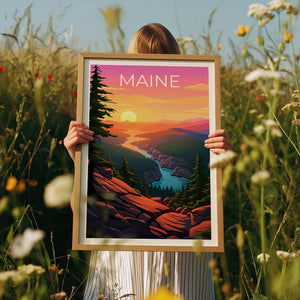 Maine Travel Print Acadia National Park Poster Cliff Wall Art Forest Illustration Maine Poster Home Decor Birthday Gift