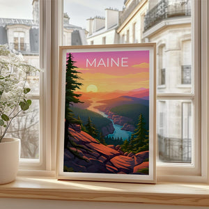 Maine Travel Print Acadia National Park Poster Cliff Wall Art Forest Illustration Maine Poster Home Decor Birthday Gift