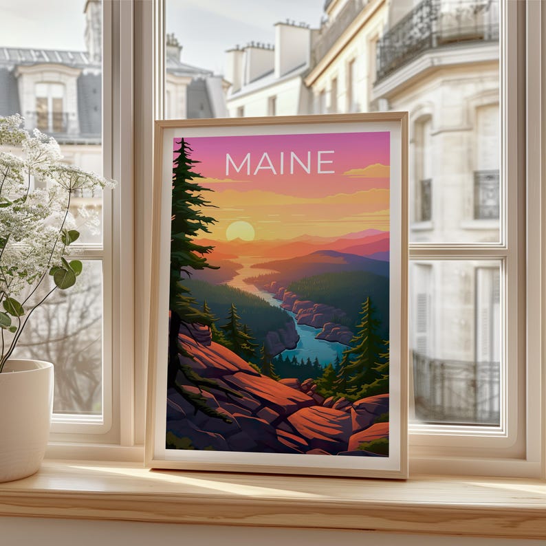 Maine Travel Print Acadia National Park Poster Cliff Wall Art Forest Illustration Maine Poster Home Decor Birthday Gift