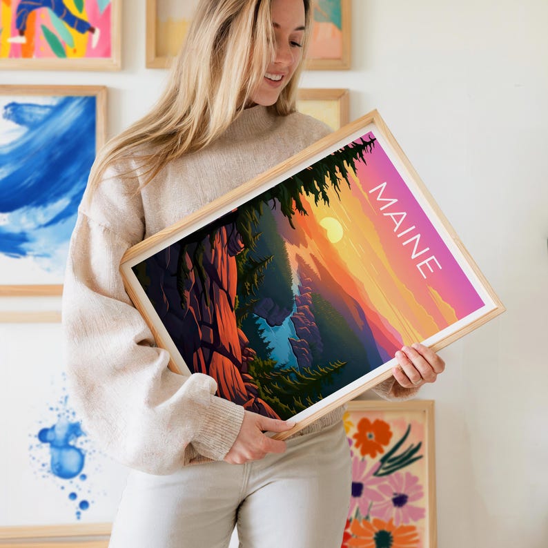 Maine Travel Print Acadia National Park Poster Cliff Wall Art Forest Illustration Maine Poster Home Decor Birthday Gift