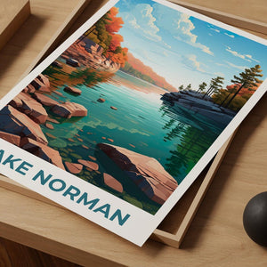 Lake Norman Travel Print, North Carolina Poster, Forest Wall Art, Mountain Illustration, Lake Norman Poster, Home Decor, Birthday Gift