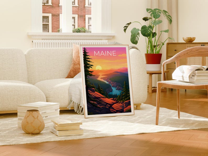 Maine Travel Print Acadia National Park Poster Cliff Wall Art Forest Illustration Maine Poster Home Decor Birthday Gift