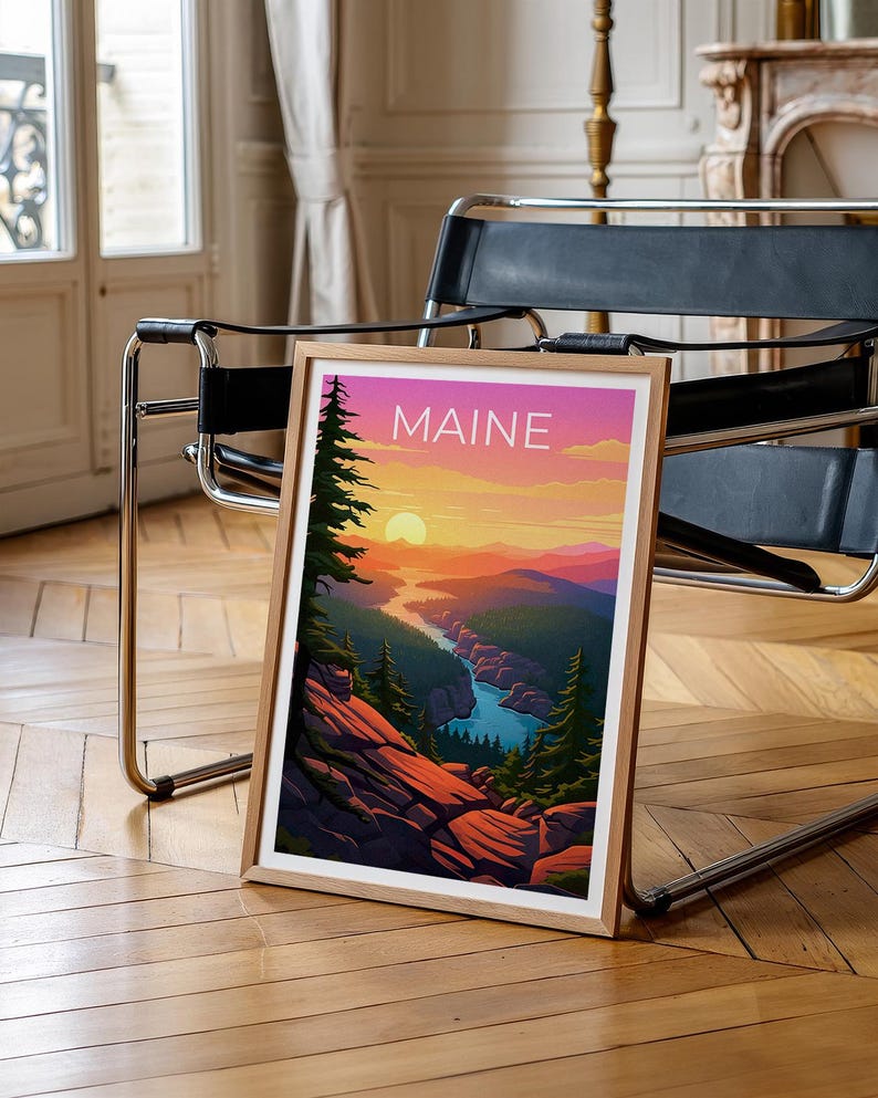 Maine Travel Print Acadia National Park Poster Cliff Wall Art Forest Illustration Maine Poster Home Decor Birthday Gift