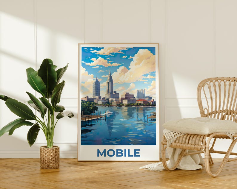 Mobile Poster, Alabama Travel Print, City Skyline Art, United States Illustration, Mobile Print, Scenic Wall Art, Home Decor, Birthday Gift