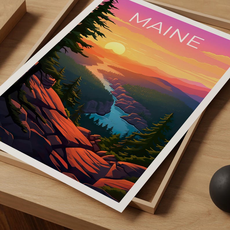 Maine Travel Print Acadia National Park Poster Cliff Wall Art Forest Illustration Maine Poster Home Decor Birthday Gift