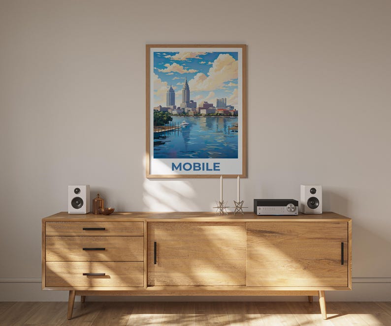 Mobile Poster, Alabama Travel Print, City Skyline Art, United States Illustration, Mobile Print, Scenic Wall Art, Home Decor, Birthday Gift
