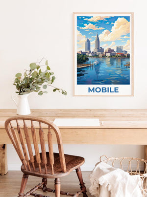 Mobile Poster, Alabama Travel Print, City Skyline Art, United States Illustration, Mobile Print, Scenic Wall Art, Home Decor, Birthday Gift