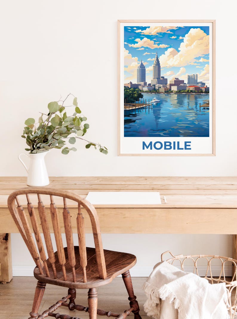 Mobile Poster, Alabama Travel Print, City Skyline Art, United States Illustration, Mobile Print, Scenic Wall Art, Home Decor, Birthday Gift