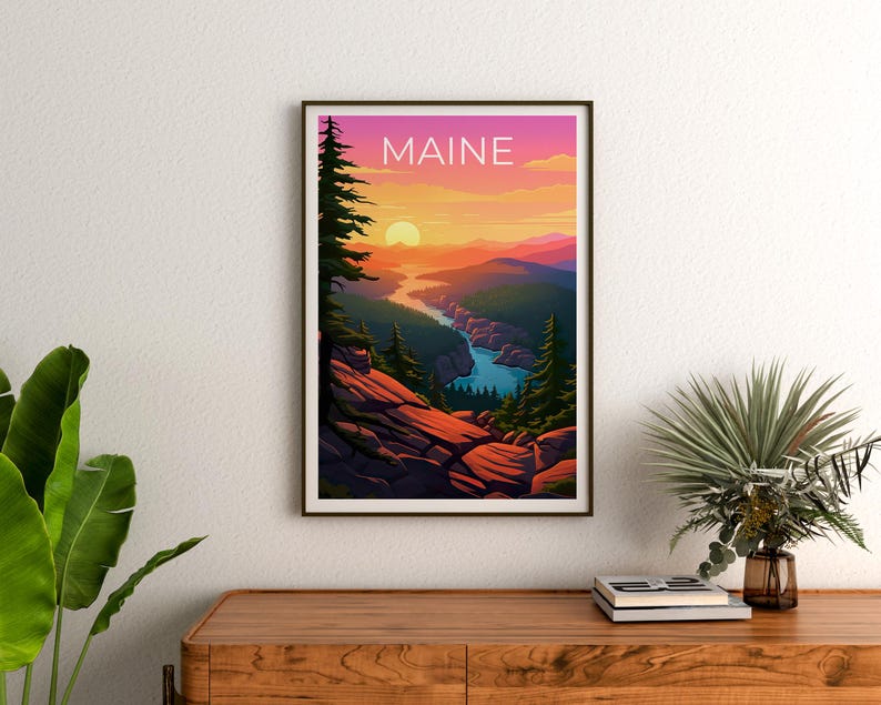 Maine Travel Print Acadia National Park Poster Cliff Wall Art Forest Illustration Maine Poster Home Decor Birthday Gift