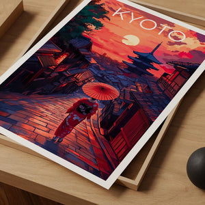 Kyoto Travel Print, Japan Poster, Japanese Culture Wall Art, Geisha Illustration, Kyoto Poster, Home Decor, Birthday Gift