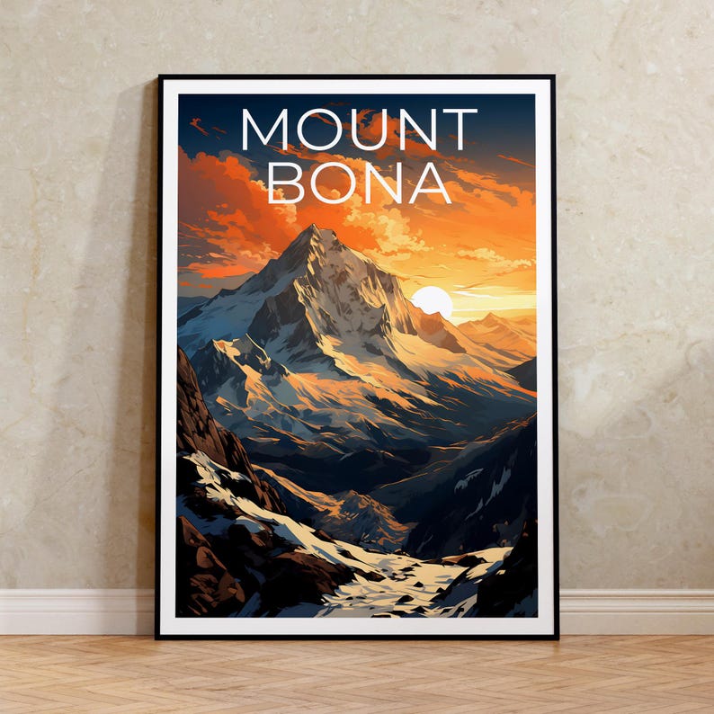 Affiche de voyage du mont Bona, art mural de l'Alaska, impression de l'Alaska, affiche du mont Bona, affiche de l'Alaska, affiche de la nature, art du mont Bona