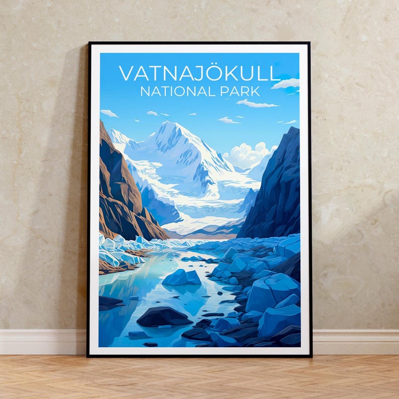 Vatnajökull National Park Travel Print Iceland Poster Glacier Wall Art Iceland Illustration Vatnajokull Poster Home Decor Birthday Gift